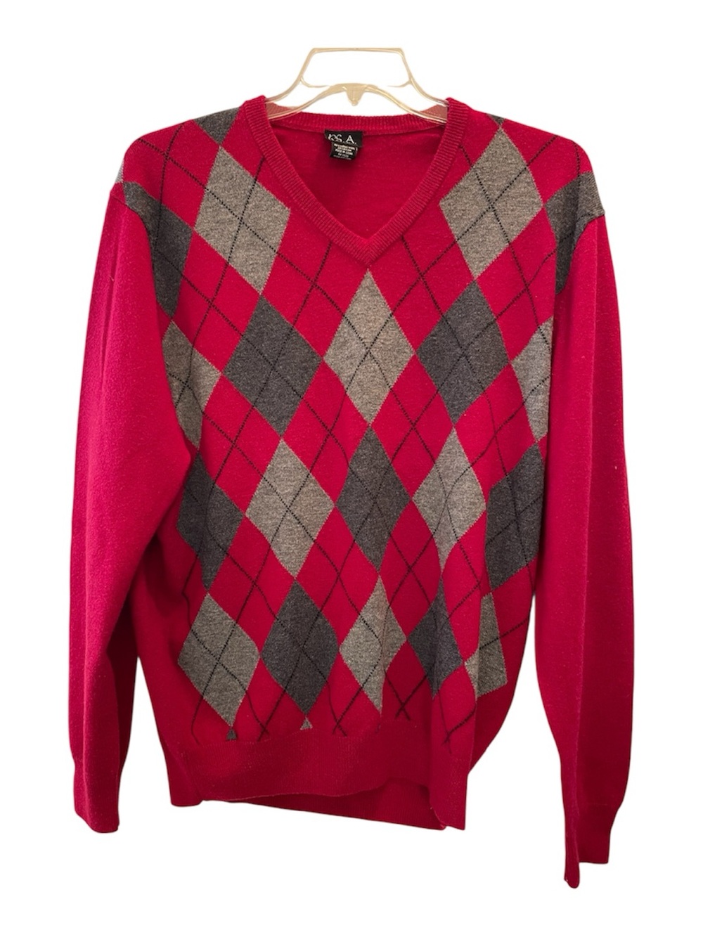 Jos. A. Bank Red Argyle V-Neck Sweater,L